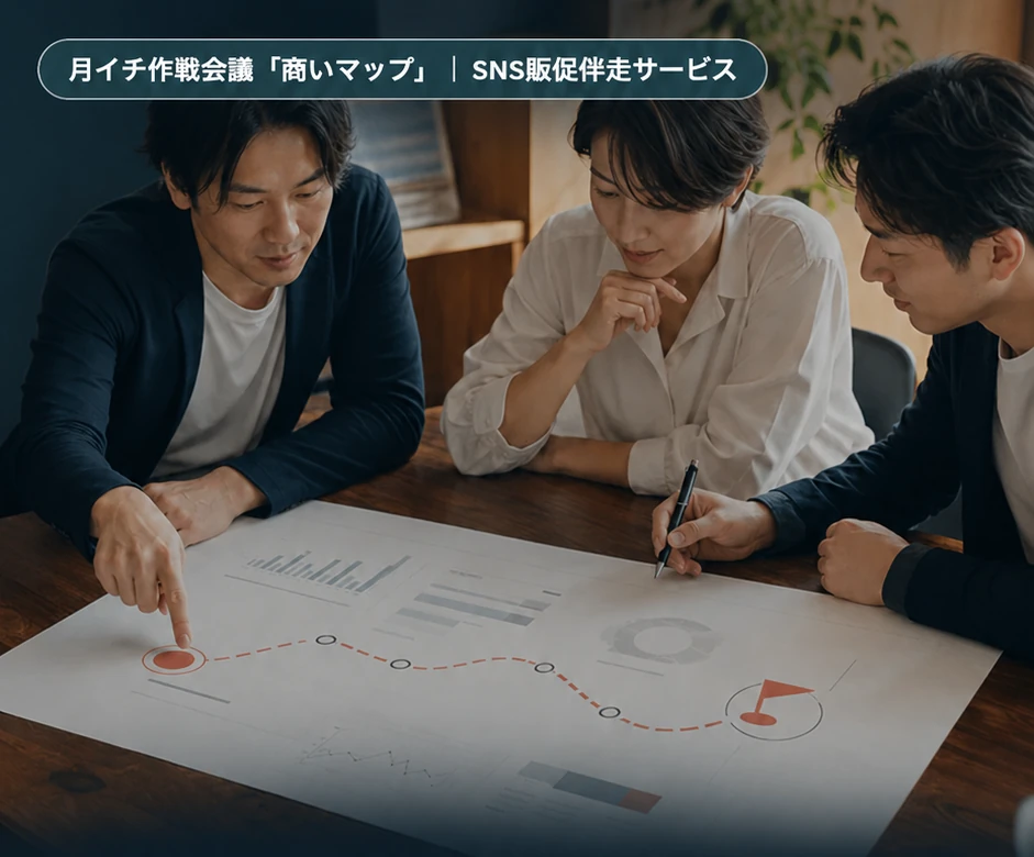 月イチ作戦会議「商いマップ」で、データを囲んで話し合う3人