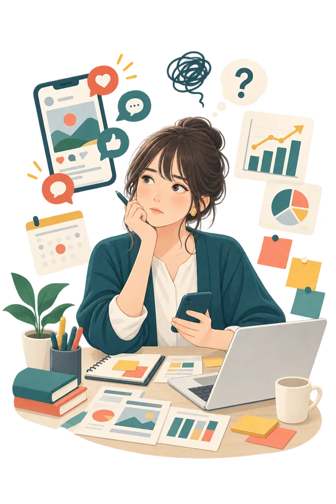 SNS運用、通知、分析に一人で向き合う担当者のイラスト