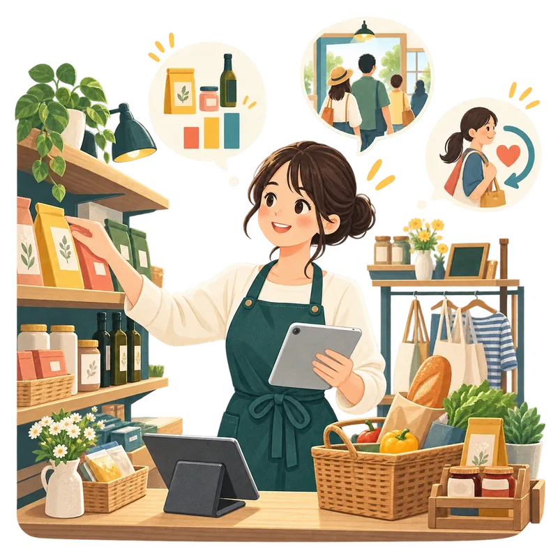 商品を並べながら小売店舗の売上と来店データを確認する店主
