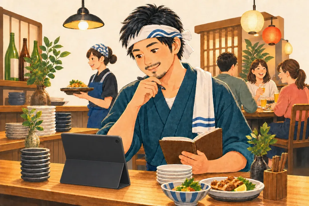 飲食店の店主がタブレットの背面を見せて予約と売上データを確認する場面