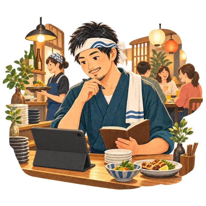 飲食店の店主がタブレットの背面を見せて予約と売上データを確認する場面