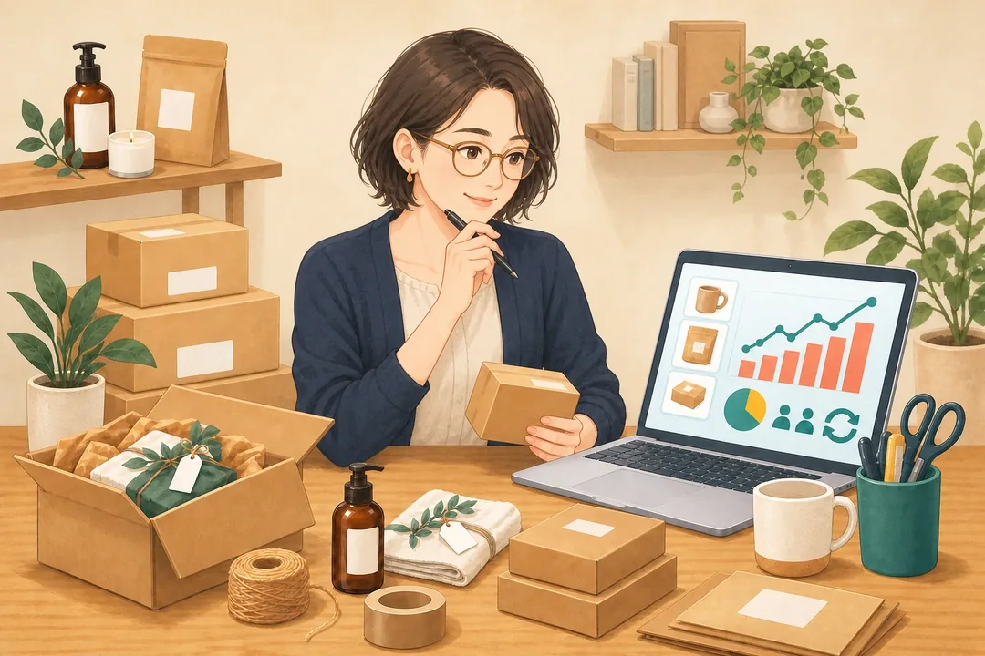発送作業をしながらオンラインショップのデータを確認する店主