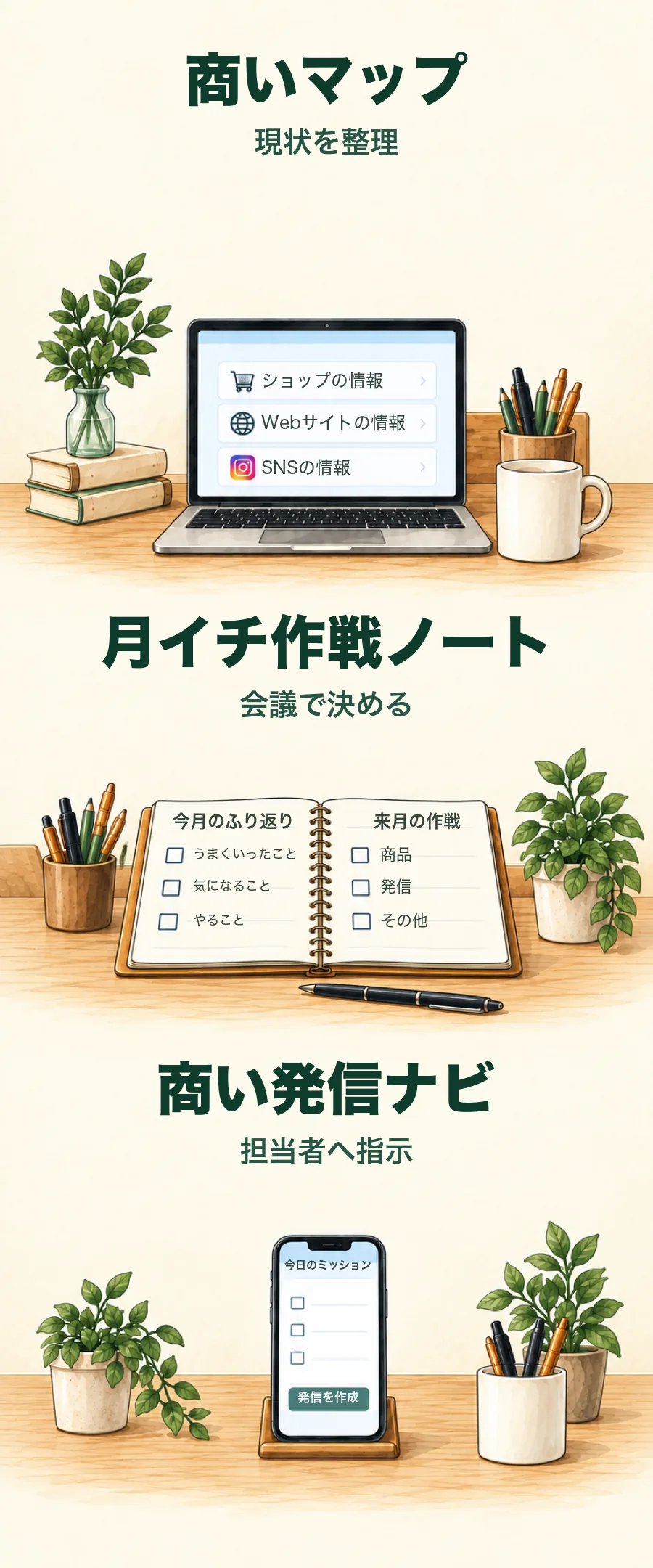商いマップ（現状を整理）・月イチ作戦ノート（会議で決める）・商い発信ナビ（担当者へ指示）の3つを縦に並べたイラスト