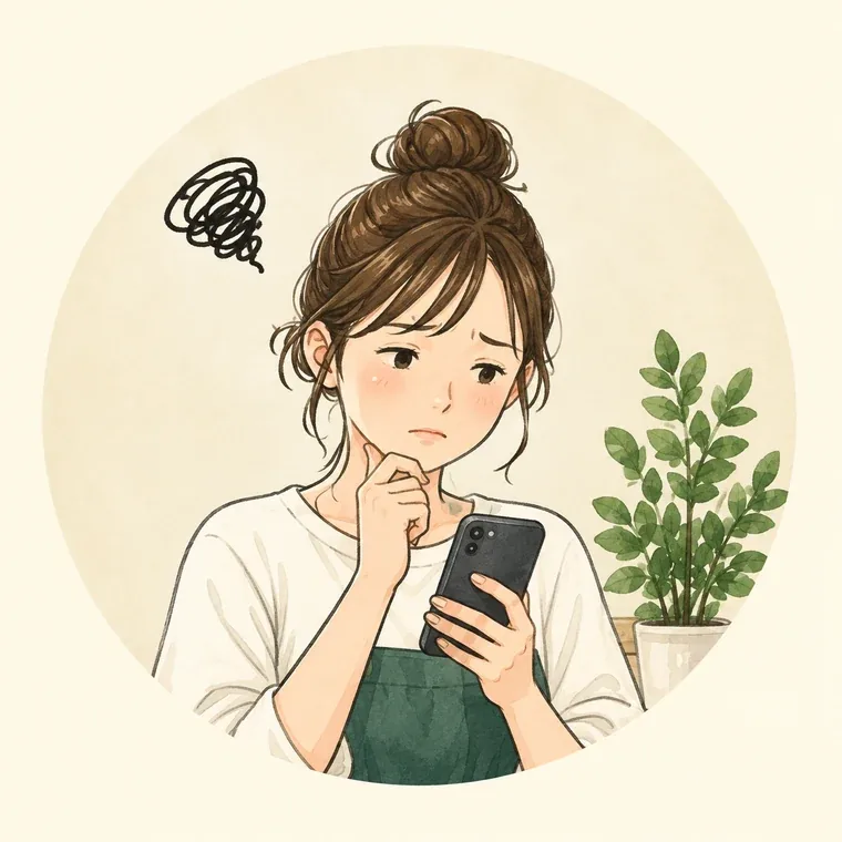 スマートフォンを手に、発信のネタが思いつかず止まってしまう店主のイラスト