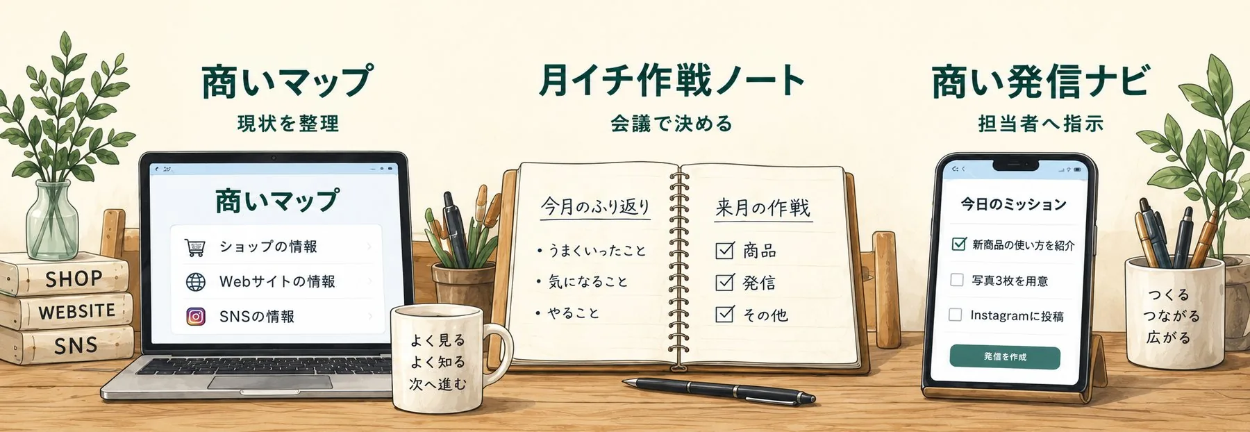 商いマップ・月イチ作戦ノート・商い発信ナビの3つを並べたイラスト