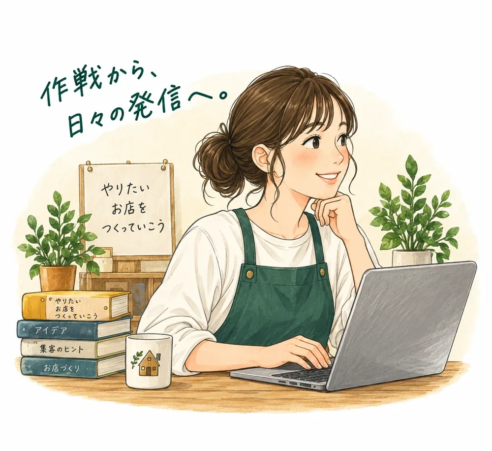 作戦から日々の発信へ、パソコンに向かう店主のイラスト