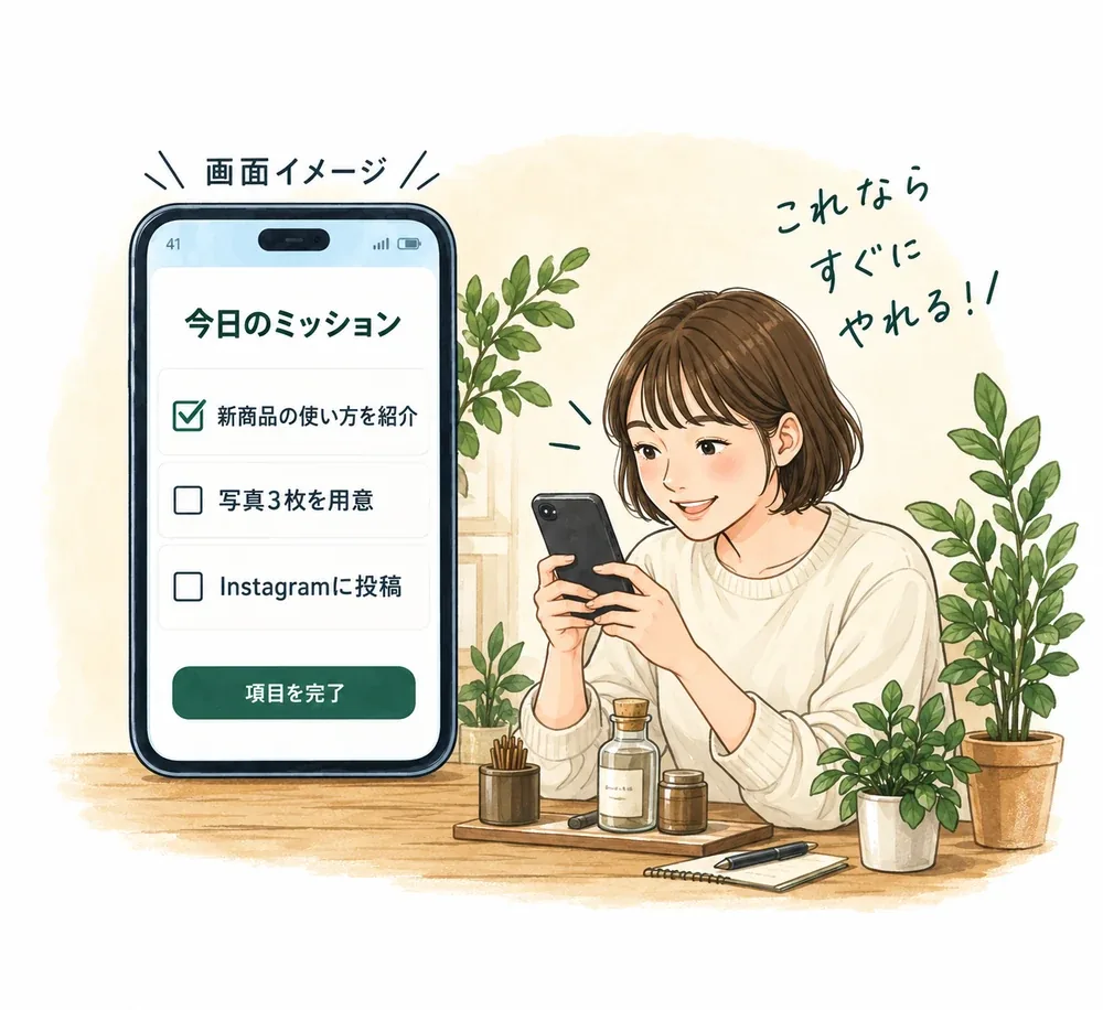 スマートフォンの「今日のミッション」画面を確認する担当者のイラスト（画面イメージ）
