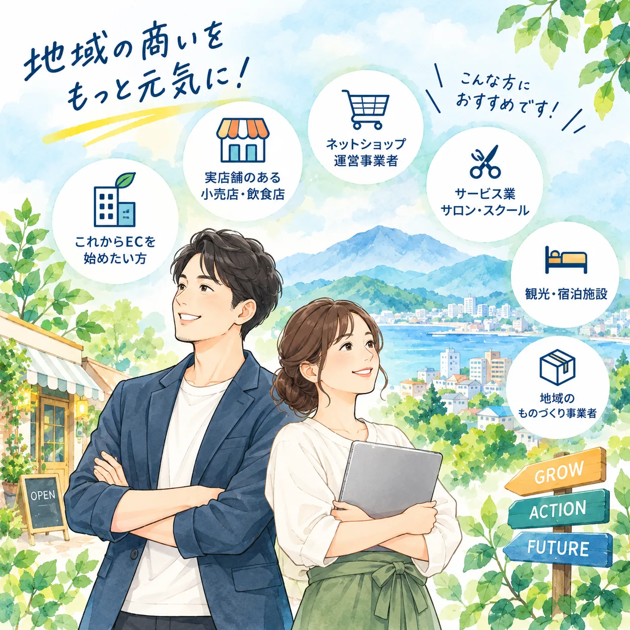 地域の商いをもっと元気に！こんな方におすすめです。これからECを始めたい方、実店舗のある小売店・飲食店、ネットショップ運営事業者、サービス業（サロン・スクール）、観光・宿泊施設、地域のものづくり事業者